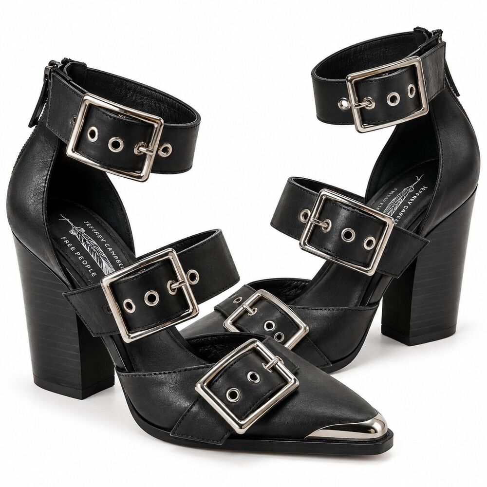 Jeffrey Campbell Free People Black Leather Buckle Heels Moto Goth Womens 7.5